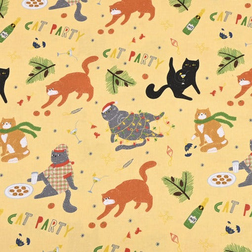 Cat Party in Christmas! 1 Yard Medium Thickness Plain Cotton Fabric, Fabric by Yard, Yardage Cotton Fabrics for Clothes Crafts