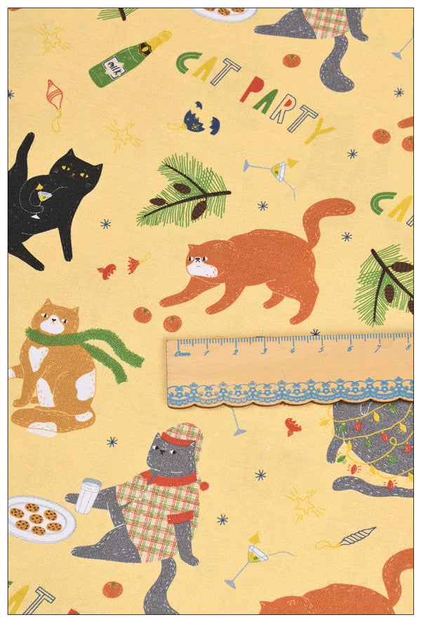 Cat Party in Christmas! 1 Yard Medium Thickness Plain Cotton Fabric, Fabric by Yard, Yardage Cotton Fabrics for Clothes Crafts