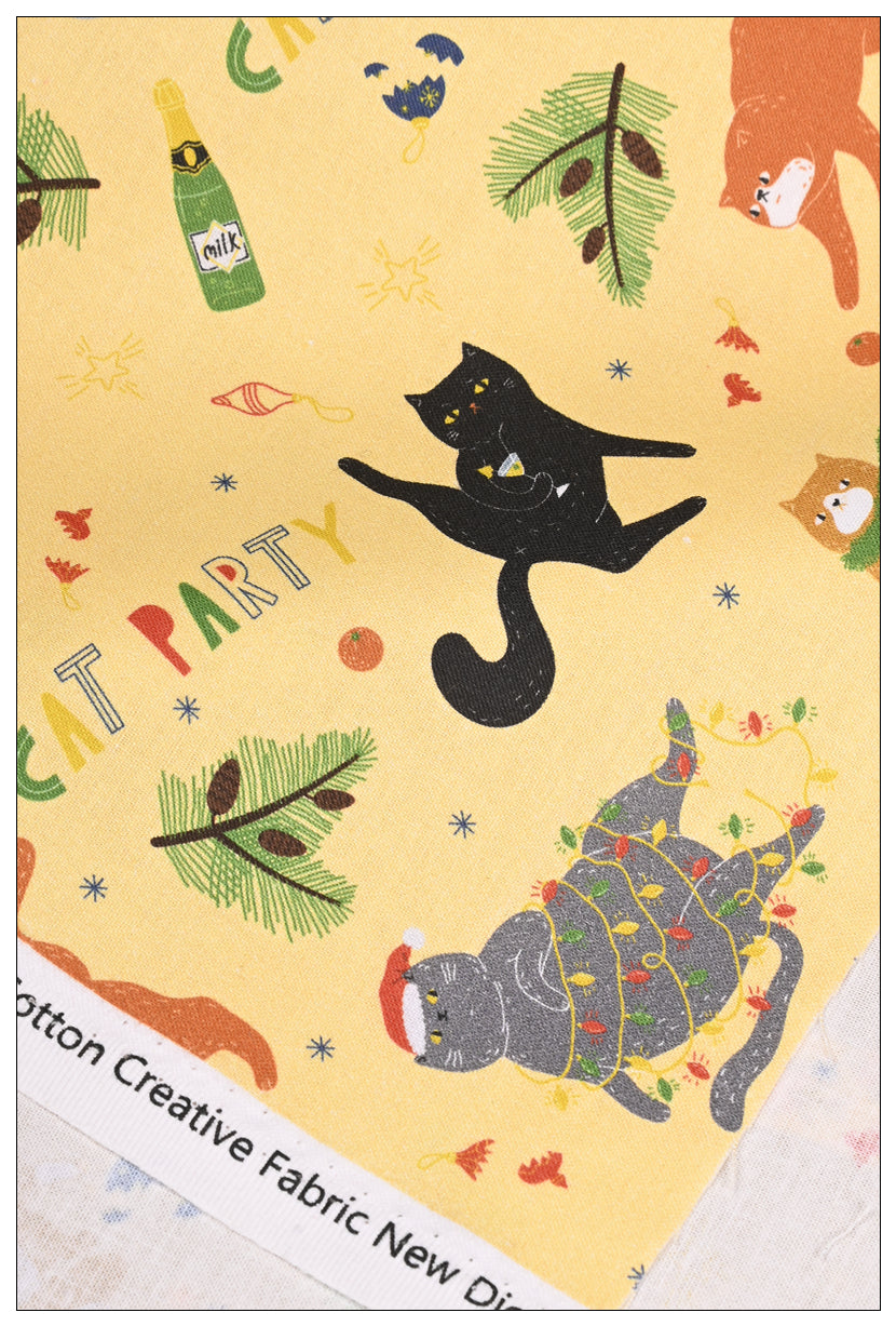 Cat Party in Christmas! 1 Yard Medium Thickness Plain Cotton Fabric, Fabric by Yard, Yardage Cotton Fabrics for Clothes Crafts