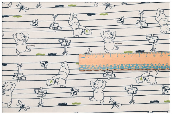 Stripes Winnie the Pooh Playing with Dragonflies ! 1 Yard Medium Thickness Cotton Fabric, Fabric by Yard, Yardage Cotton Fabrics for Style Clothes, Bags