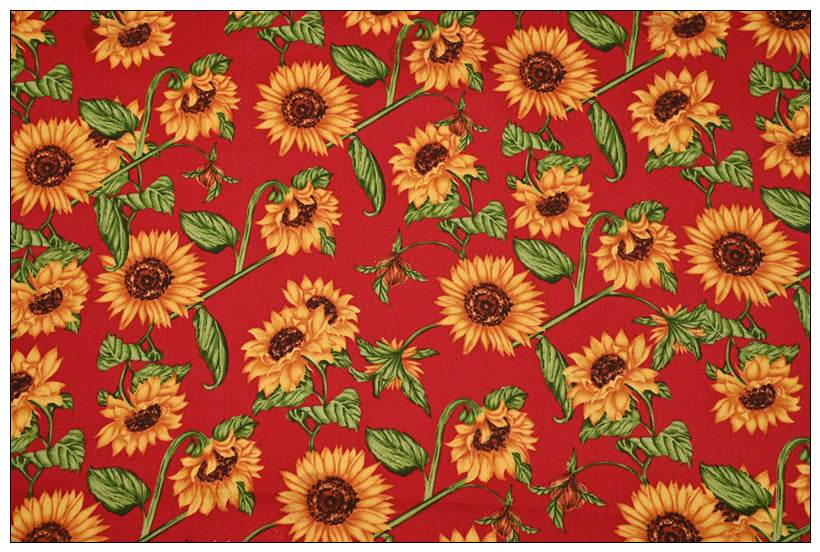 Sun Flowers Floral red! 1 Meter Medium Thickness Twill Cotton Fabric, Fabric by Yard, Yardage Cotton Fabrics for Clothes Crafts