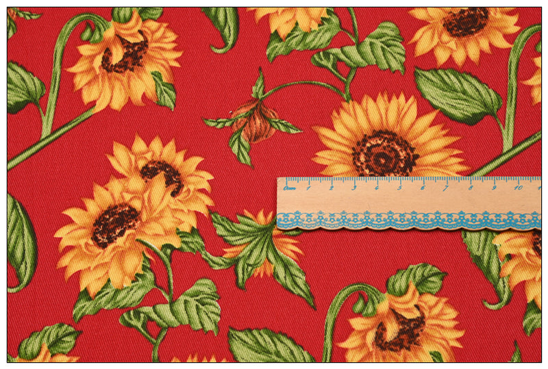 Sun Flowers Floral red! 1 Meter Medium Thickness Twill Cotton Fabric, Fabric by Yard, Yardage Cotton Fabrics for Clothes Crafts
