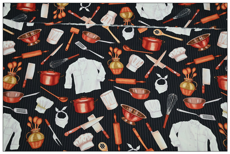 Cook's stuff Restaurant Themed Retro Pictures ! 1 Meter Medium Thickness Cotton Twill Fabric, Fabric by Yard for Style Clothes, Bags