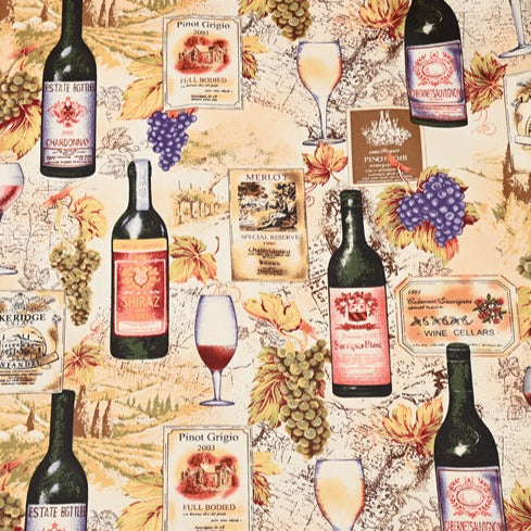 Wines and Grapes Restaurant Themed Retro Pictures ! 1 Meter Medium Thickness Cotton Twill Fabric, Fabric by Yard for Style Clothes, Bags