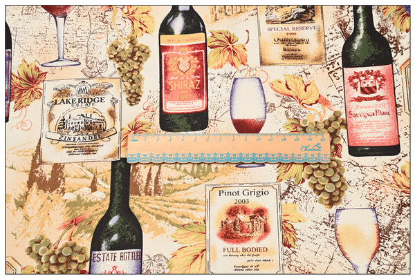 Wines and Grapes Restaurant Themed Retro Pictures ! 1 Meter Medium Thickness Cotton Twill Fabric, Fabric by Yard for Style Clothes, Bags