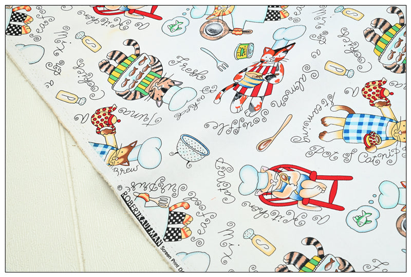 Cooking Cat Restaurant Themed Retro Pictures ! 1 Meter Medium Thickness Cotton Twill Fabric, Fabric by Yard for Style Clothes, Bags