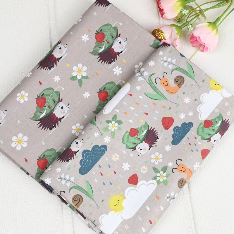 Hedgehog in the rain with Leaf cartoon! 1 Meter Medium Thickness Cotton Fabric by Yard, Yardage Cotton Fabrics for Style Clothes, Bags Hedgehog squirrels