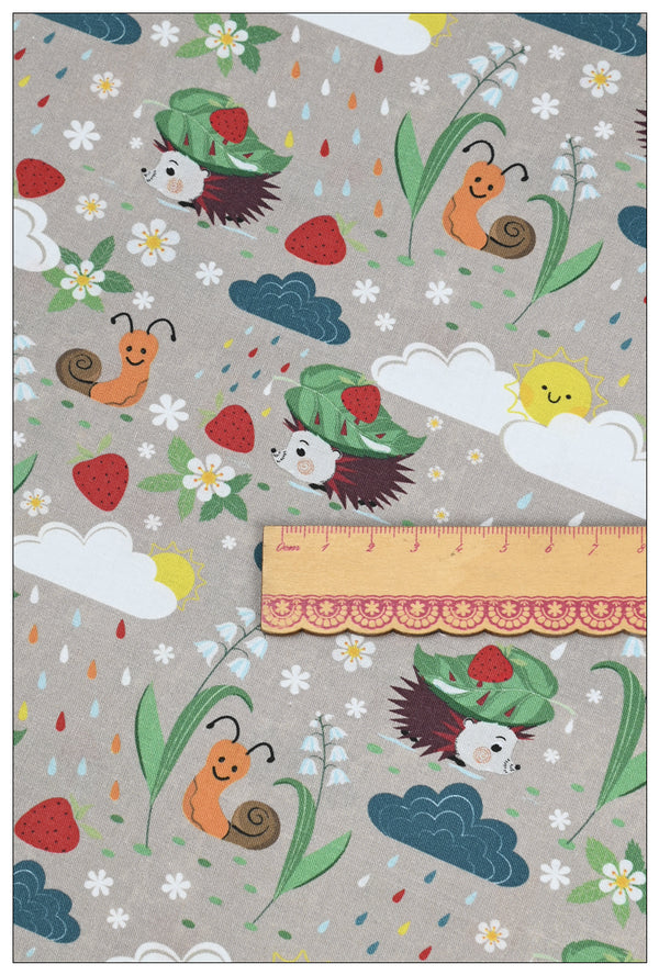 Hedgehog in the rain with Leaf cartoon! 1 Meter Medium Thickness Cotton Fabric by Yard, Yardage Cotton Fabrics for Style Clothes, Bags Hedgehog squirrels