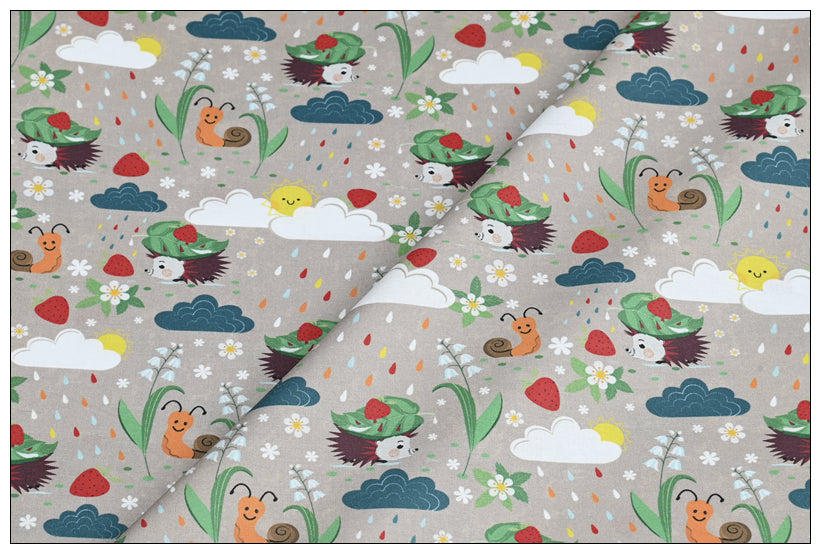 Hedgehog in the rain with Leaf cartoon! 1 Meter Medium Thickness Cotton Fabric by Yard, Yardage Cotton Fabrics for Style Clothes, Bags Hedgehog squirrels