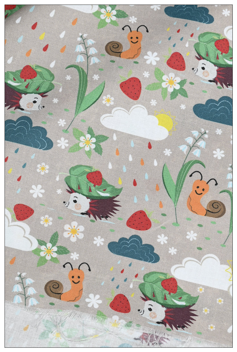 Hedgehog in the rain with Leaf cartoon! 1 Meter Medium Thickness Cotton Fabric by Yard, Yardage Cotton Fabrics for Style Clothes, Bags Hedgehog squirrels