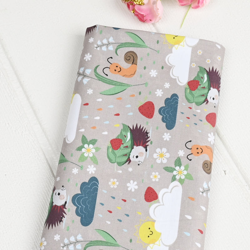 Hedgehog in the rain with Leaf cartoon! 1 Meter Medium Thickness Cotton Fabric by Yard, Yardage Cotton Fabrics for Style Clothes, Bags Hedgehog squirrels