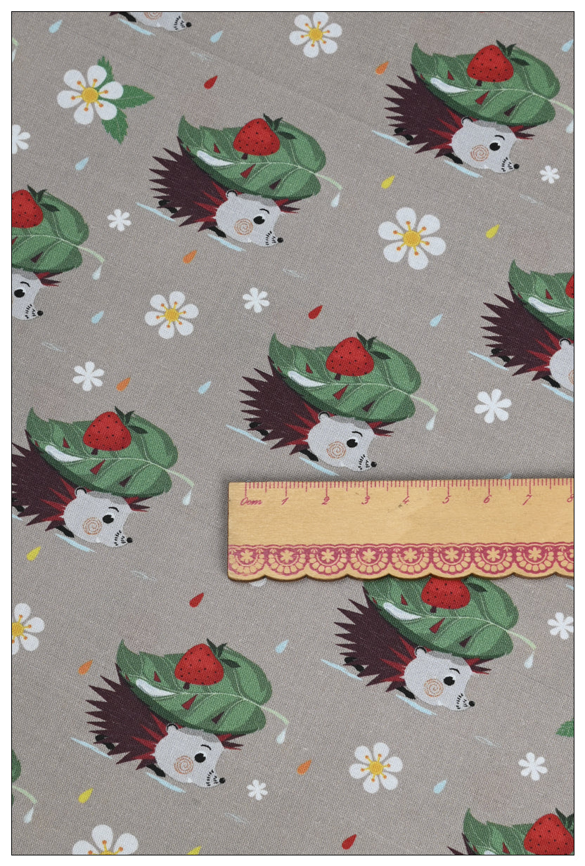 Hedgehog in the rain with Leaf cartoon! 1 Meter Medium Thickness Cotton Fabric by Yard, Yardage Cotton Fabrics for Style Clothes, Bags Hedgehog squirrels