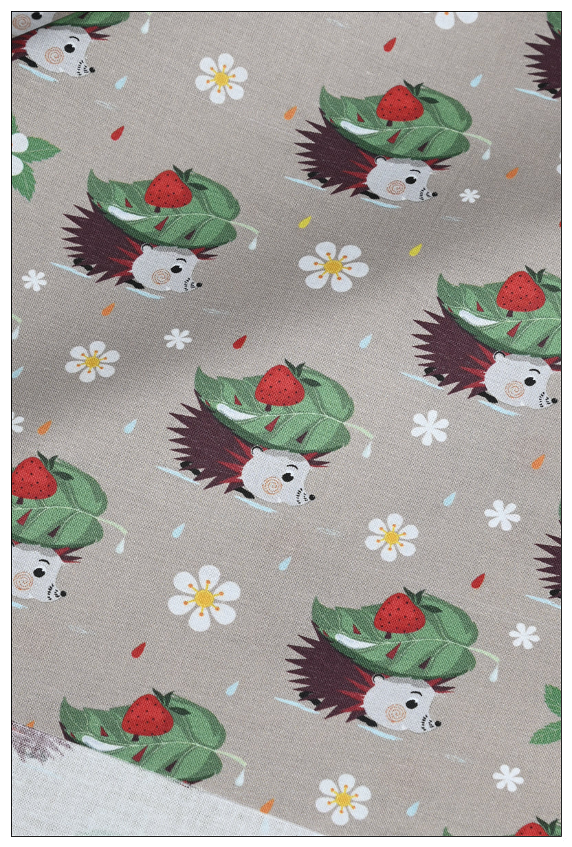 Hedgehog in the rain with Leaf cartoon! 1 Meter Medium Thickness Cotton Fabric by Yard, Yardage Cotton Fabrics for Style Clothes, Bags Hedgehog squirrels