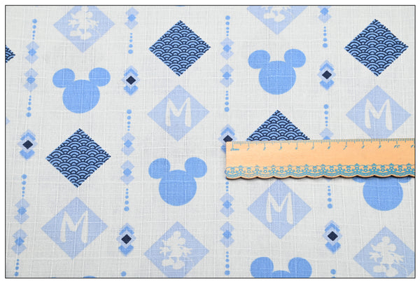 Mickey Heads Shape with Japanese Style Pattern! 1 Meter Medium Summer Slub Cotton Floral Fabric by Yard, Yardage Cotton Fabrics Style Garments, Bags