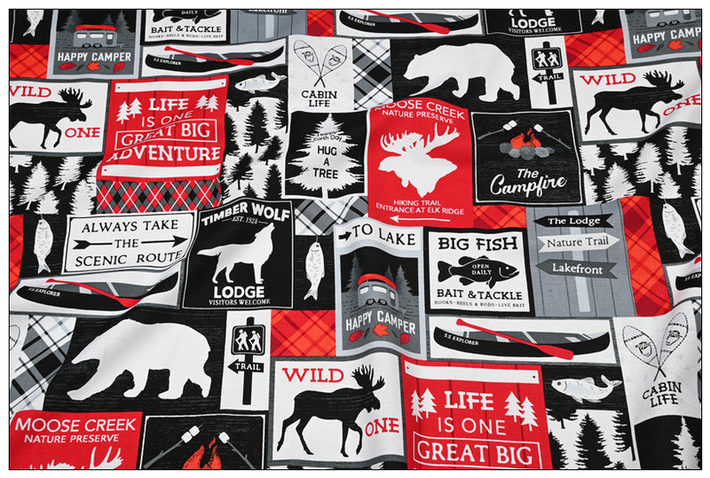 Wild Lives National Park Signs black! 1 Yard Medium Weight Printed Fabric, Fabric by Yard, Yardage Fabrics, Children  Kids