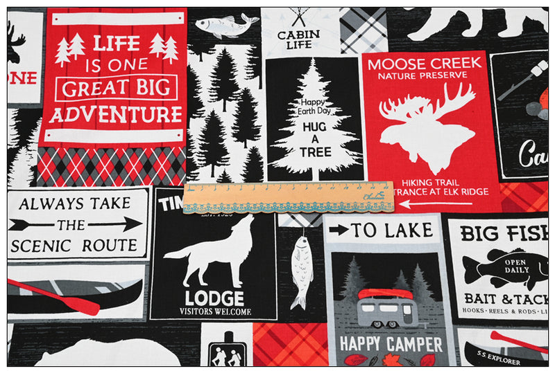 Wild Lives National Park Signs black! 1 Yard Medium Weight Printed Fabric, Fabric by Yard, Yardage Fabrics, Children  Kids