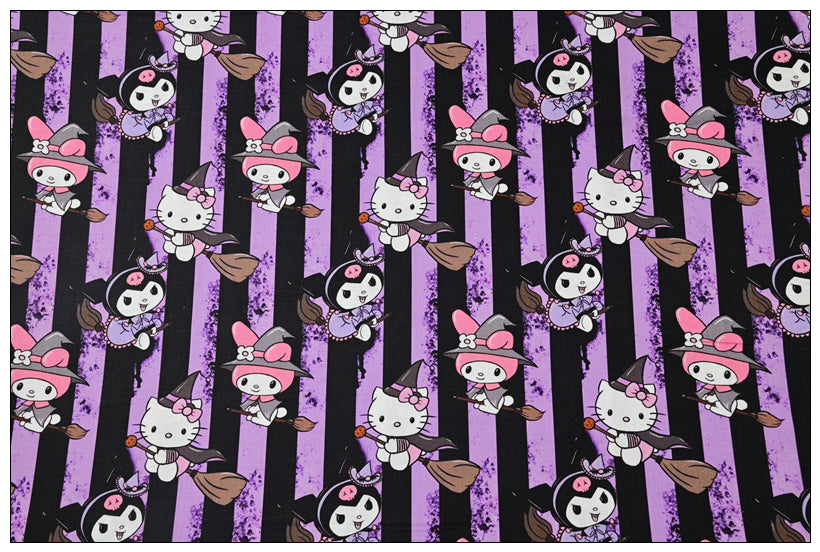 Purple Stripes Hello Kitty with Brooms! 1 Yard Medium Thickness Plain Cotton Fabric, Fabric by Yard, Yardag