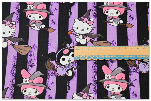 Purple Stripes Hello Kitty with Brooms! 1 Yard Medium Thickness Plain Cotton Fabric, Fabric by Yard, Yardag