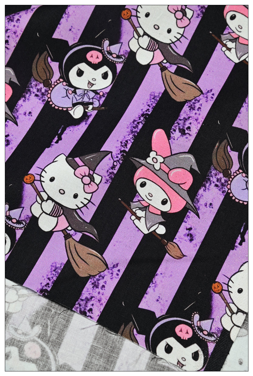 Purple Stripes Hello Kitty with Brooms! 1 Yard Medium Thickness Plain Cotton Fabric, Fabric by Yard, Yardag