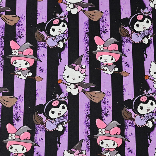 Purple Stripes Hello Kitty with Brooms! 1 Yard Medium Thickness Plain Cotton Fabric, Fabric by Yard, Yardag