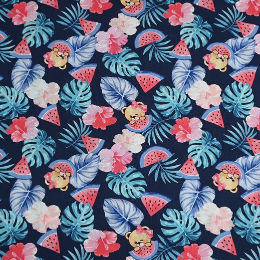 Bear with Watermelon and Leaves! 1 Meter Medium Thickness Cotton Fabric, Fabric by Yard, Yardage Cotton Fabrics for Style Clothes, Bags