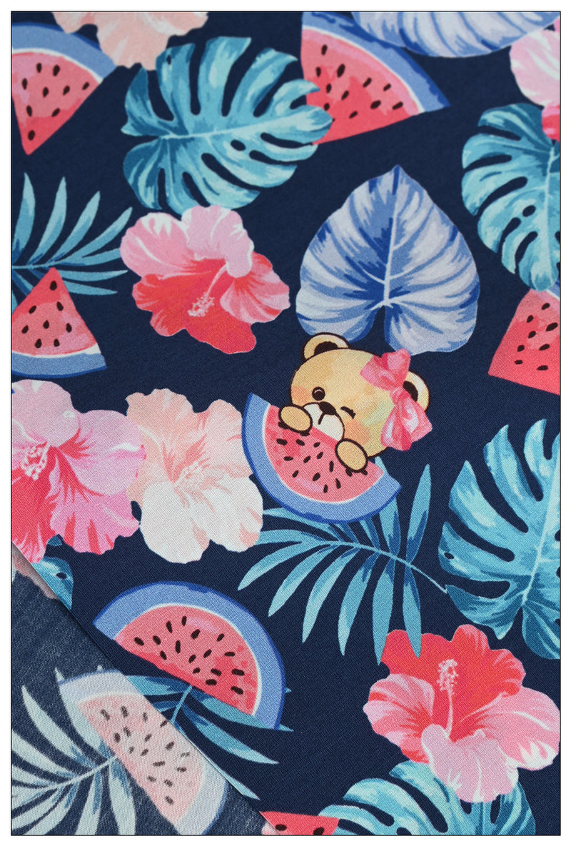 Bear with Watermelon and Leaves! 1 Meter Medium Thickness Cotton Fabric, Fabric by Yard, Yardage Cotton Fabrics for Style Clothes, Bags