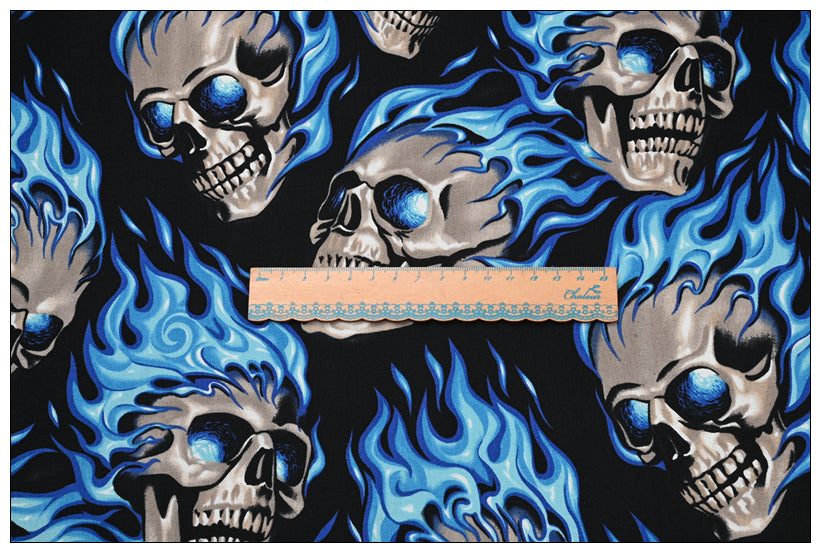 Blue Fire Skulls ! 1 Yard Medium Thickness Plain Cotton Fabric, Fabric by Yard, Yardage Cotton Fabrics for  Style Garments, Bags