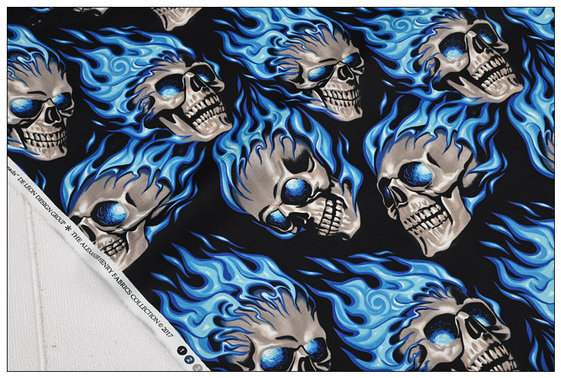 Blue Fire Skulls ! 1 Yard Medium Thickness Plain Cotton Fabric, Fabric by Yard, Yardage Cotton Fabrics for  Style Garments, Bags