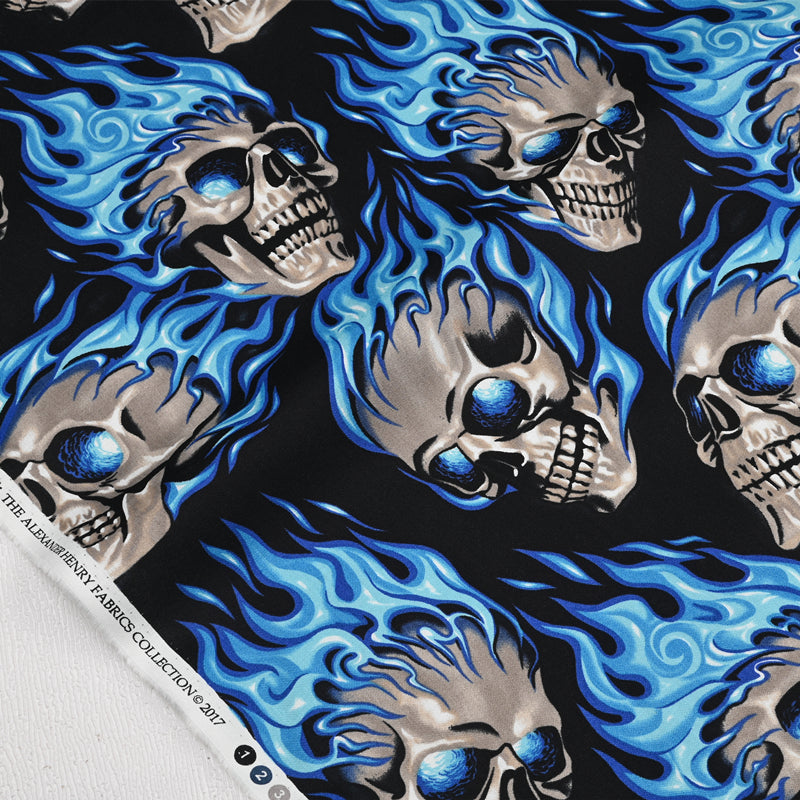 Blue Fire Skulls ! 1 Yard Medium Thickness Plain Cotton Fabric, Fabric by Yard, Yardage Cotton Fabrics for  Style Garments, Bags