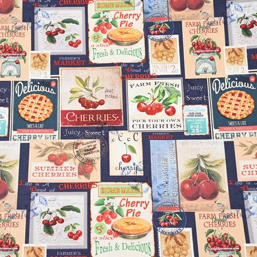 Cherries Fruit Cherry Food Retro Stamps! 1 Yard Medium Digital Printed Cotton Oxford Fabric by Half Yard for Style Clothes, Bags