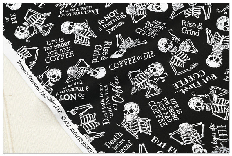 Coffee or Die Skulls Black and White 3 prints! 1 Yard Medium Thickness Plain Cotton Fabric, Fabric by Yard, Yardage Cotton Fabrics for Clothes Crafts