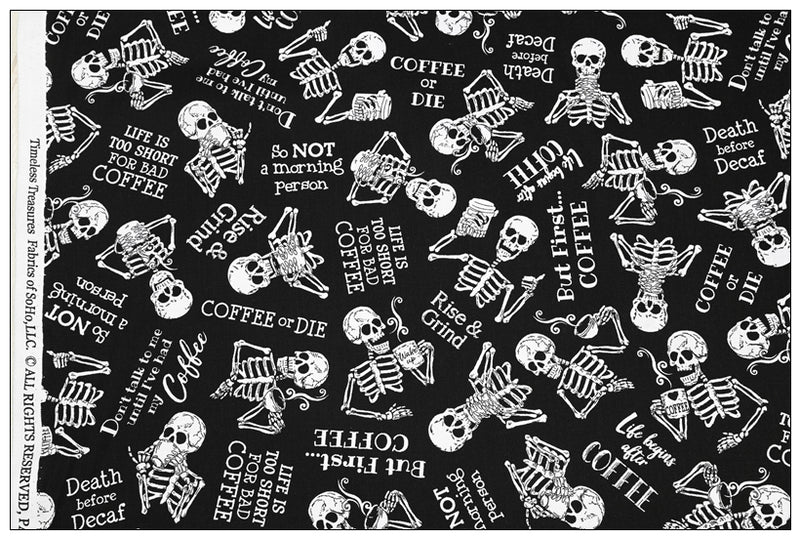 Coffee or Die Skulls Black and White 3 prints! 1 Yard Medium Thickness Plain Cotton Fabric, Fabric by Yard, Yardage Cotton Fabrics for Clothes Crafts