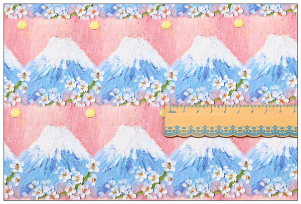 Mount Fuji Oil Painting Pink Japanese Style! 1 Yard Quality Medium Printed Cotton, Fabrics by Yard, Fabric Yardage Floral Fabrics Japanese