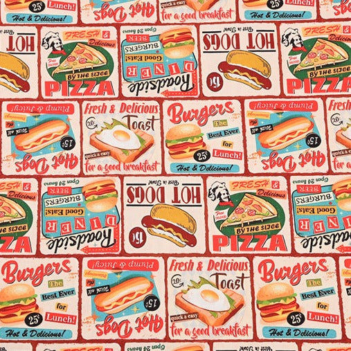 Pizza and Burge Food American Farm Life Themed ! 1 Yard Medium Thickness Cotton Fabric, Fabric by Yard, Yardage Cotton Fabrics for Style Clothes, Bags