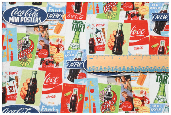 Coca-Cola mini Posters  ! 1 Yard Medium Thickness Cotton Fabric, Fabric by Yard, Yardage Cotton Fabrics for Style Clothes, Bags