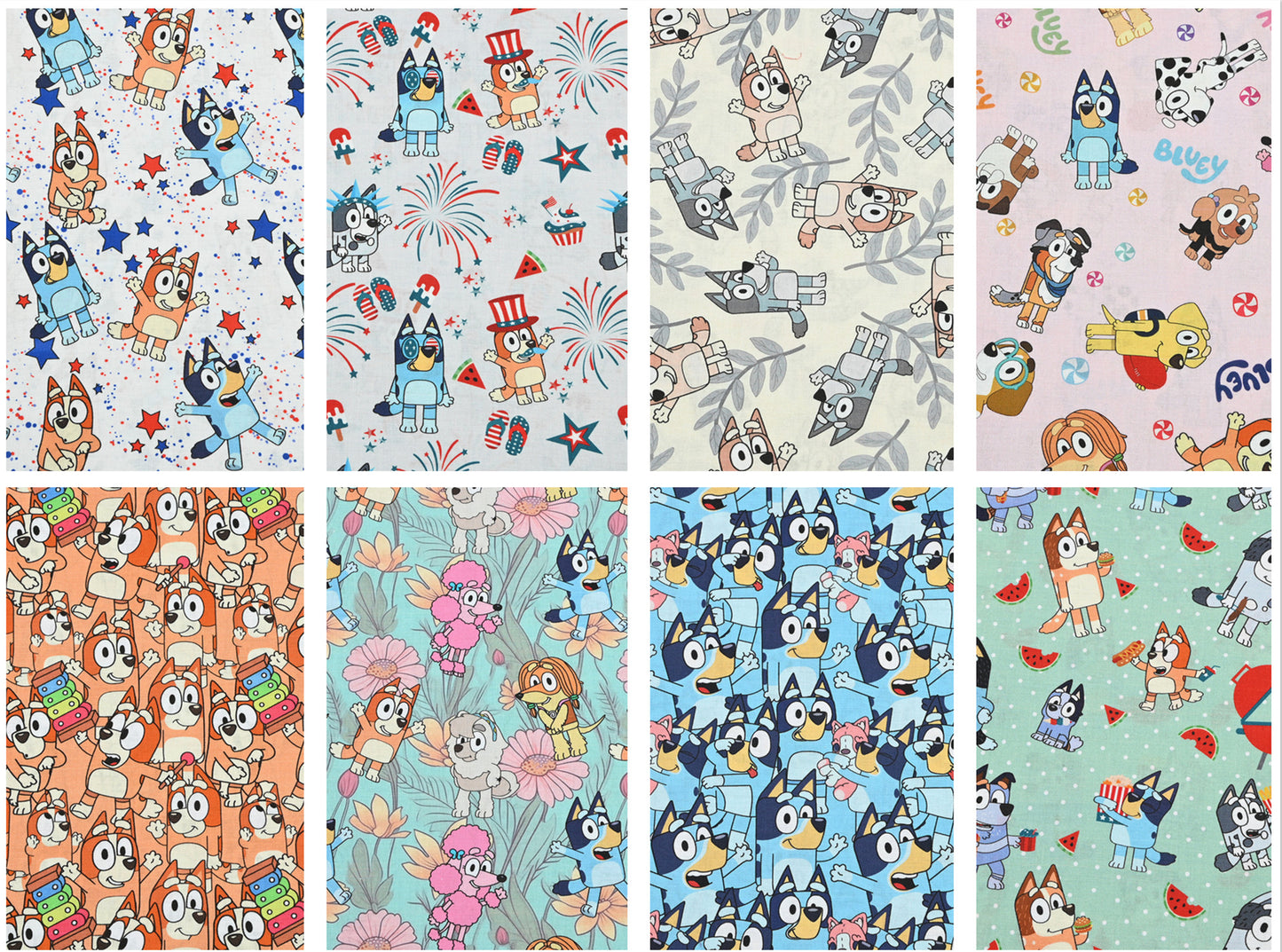 Bluey the Aussie Cartoon Dog 2024 8 prints! 1 Yard Quality Medium Thickness Plain Cotton Fabric, Fabric Aussie 2405 (Copy)