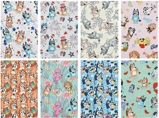 Bluey the Aussie Cartoon Dog 2024 8 prints! 1 Yard Quality Medium Thickness Plain Cotton Fabric, Fabric Aussie 2405 (Copy)