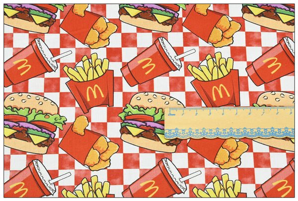 Burgers and French Fries Fast Food McDonald's Themed Red Checks! 1 Yard Medium Thickness Cotton Fabric, Fabric by Yard, Yardage Cotton Fabrics for Style Clothes, Bags