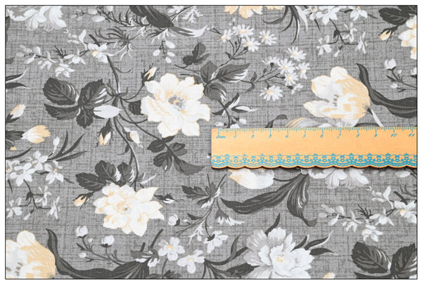 Gray Flowers English Floral! 1 Yard Quality Printed Cotton, Fabrics by Yard, Fabric Yardage Floral Fabrics Japanese Style