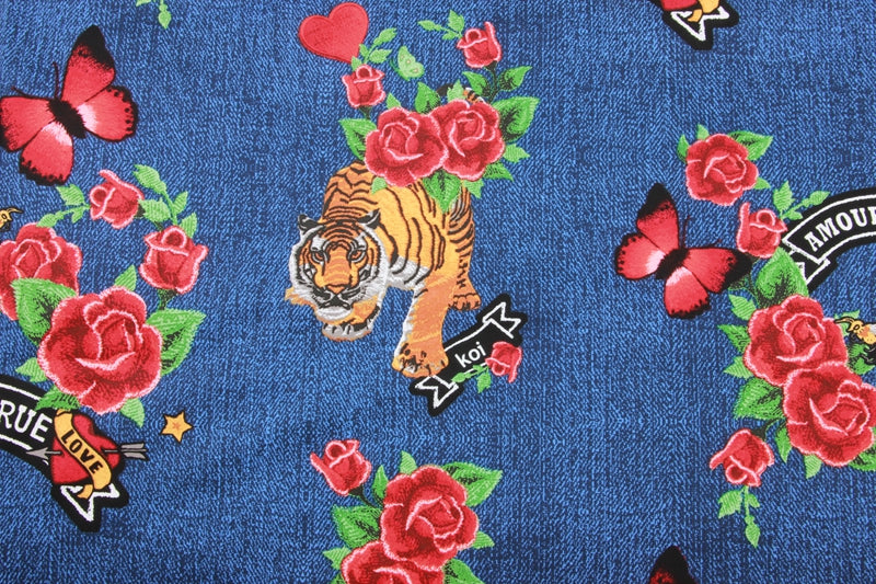 Tiger and rose Jeans Blue! 1 Meter Plain Cotton Fabric, Fabric by Yard, Yardage Cotton Fabrics for  Style Garments, Bags