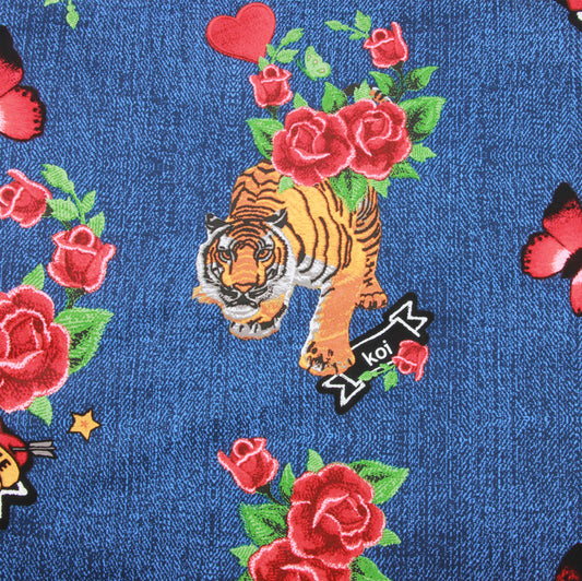 Tiger and rose Jeans Blue! 1 Meter Plain Cotton Fabric, Fabric by Yard, Yardage Cotton Fabrics for  Style Garments, Bags