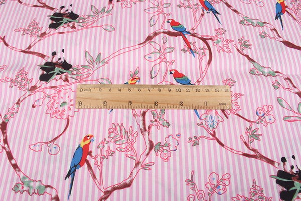 Panda with Parrots pink stripes! 1 Yard Medium Digital Printed Cotton Fabric by Yard for Style Clothes, Bags