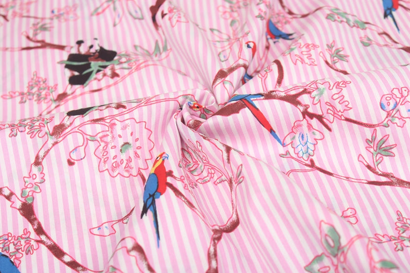 Panda with Parrots pink stripes! 1 Yard Medium Digital Printed Cotton Fabric by Yard for Style Clothes, Bags