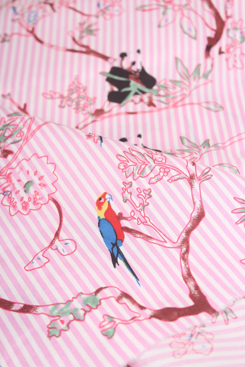 Panda with Parrots pink stripes! 1 Yard Medium Digital Printed Cotton Fabric by Yard for Style Clothes, Bags