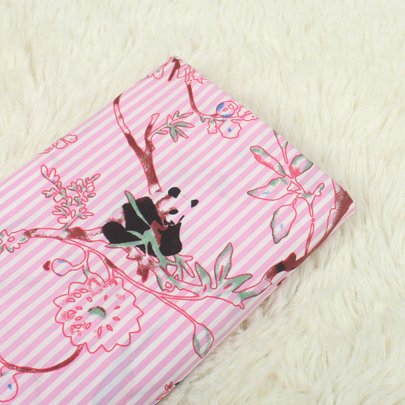 Panda with Parrots pink stripes! 1 Yard Medium Digital Printed Cotton Fabric by Yard for Style Clothes, Bags