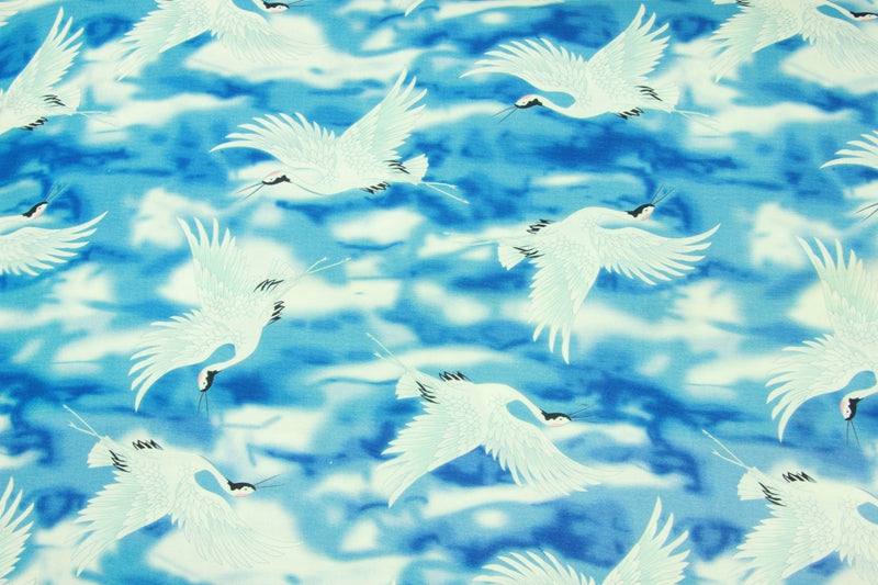 Japanese Style Cranes birds blue! 1 Yard Medium Printed Cotton Fabric by Yard for Style Clothes, Bags