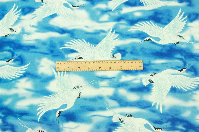 Japanese Style Cranes birds blue! 1 Yard Medium Printed Cotton Fabric by Yard for Style Clothes, Bags