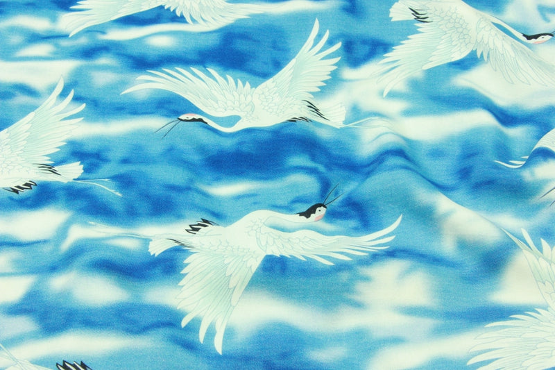 Japanese Style Cranes birds blue! 1 Yard Medium Printed Cotton Fabric by Yard for Style Clothes, Bags