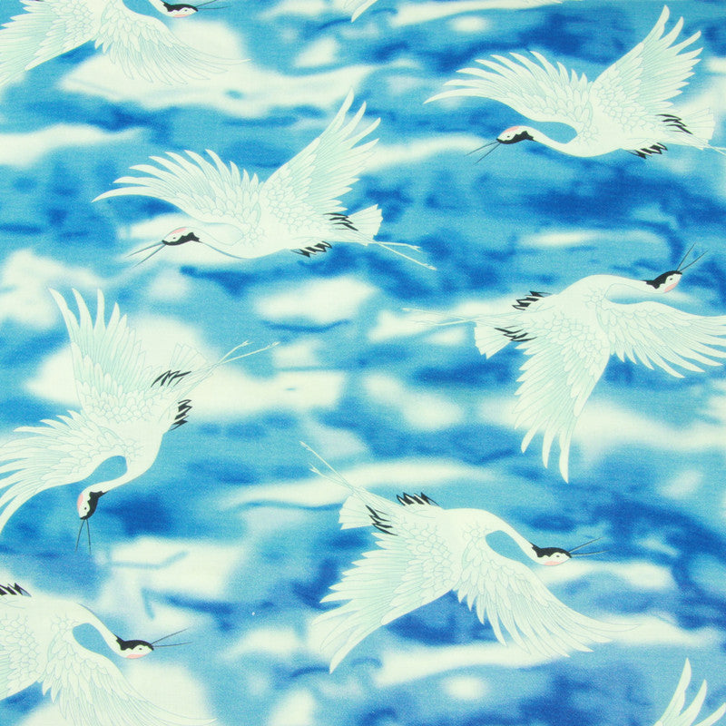 Japanese Style Cranes birds blue! 1 Yard Medium Printed Cotton Fabric by Yard for Style Clothes, Bags