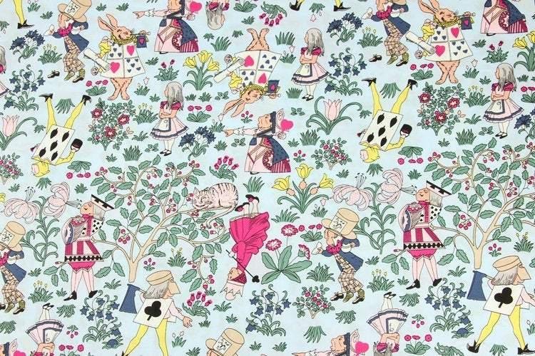 Alice's Adventures in Wonderland blue! 1 Meter Medium Printed Cotton Fabric, Fabric by Yard, Yardage Cotton Bag Fabrics Alice Poker